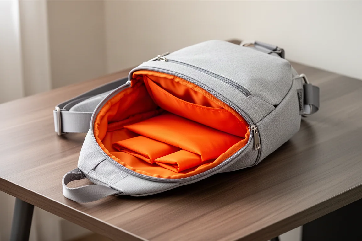 Bandolera gris claro apoyada sobre una mesa de madera mostrando su compartimento principal abierto