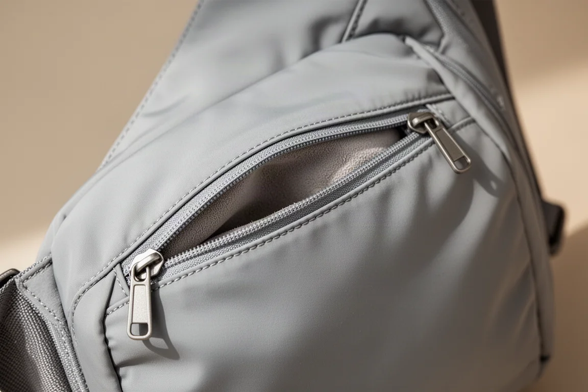 Primer plano de un bolsillo frontal con cremallera forrado con ante sintético suave en una bandolera gris
