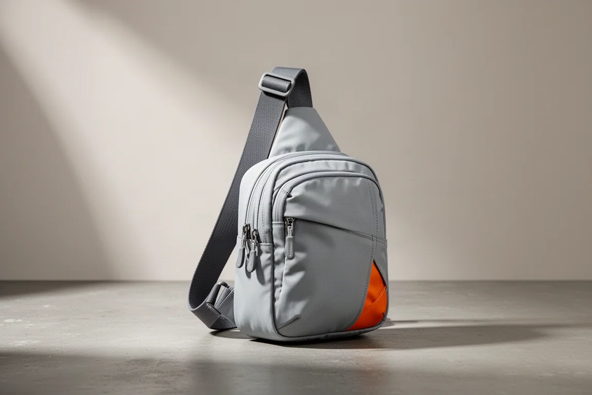 Borsa sling a tracolla grigio chiaro da 4 litri appoggiata su una superficie di cemento