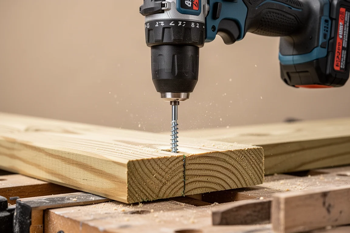 Klopschroefmachine die een terrasschroef vlak in hout draait