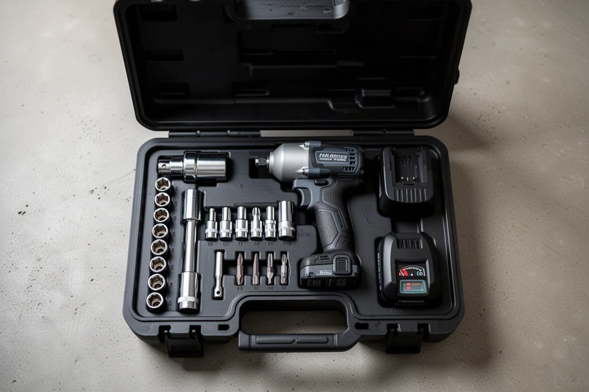 Open hard gereedschapskoffer met een slagmoersleutel, doppen, bits, lader en accu