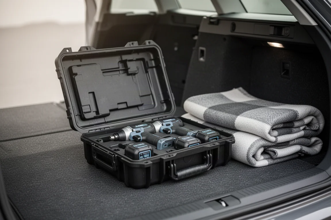 Slagmoersleutel en hardkoffer opgeborgen in de kofferbak voor een roadtrip