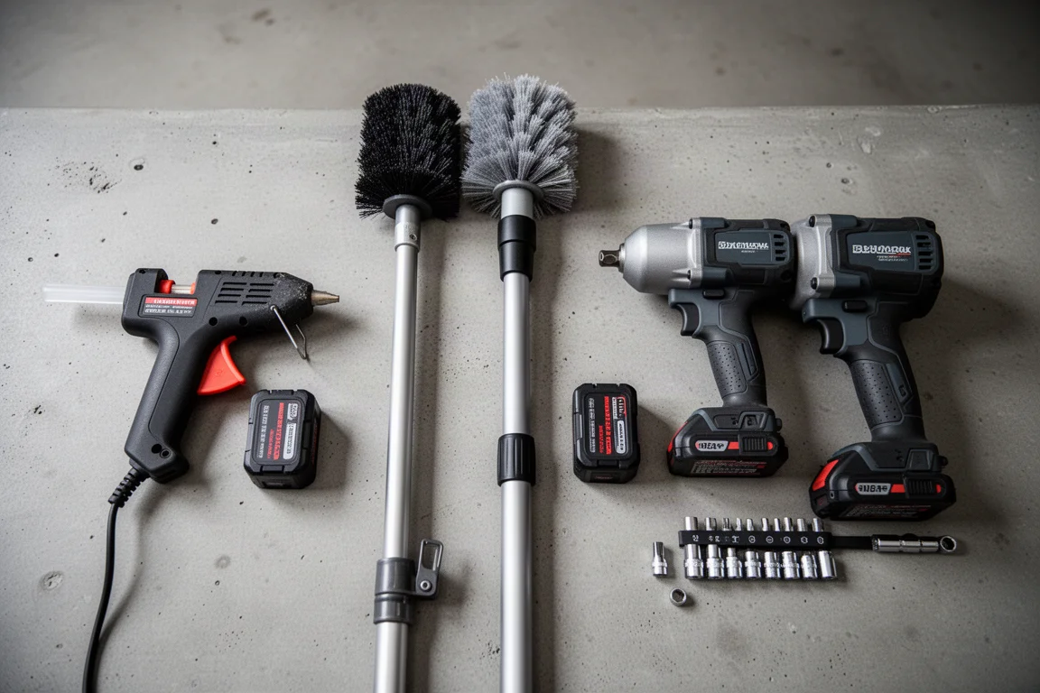 Drie accugereedschappen op een werkbank in de garage, met accupacks