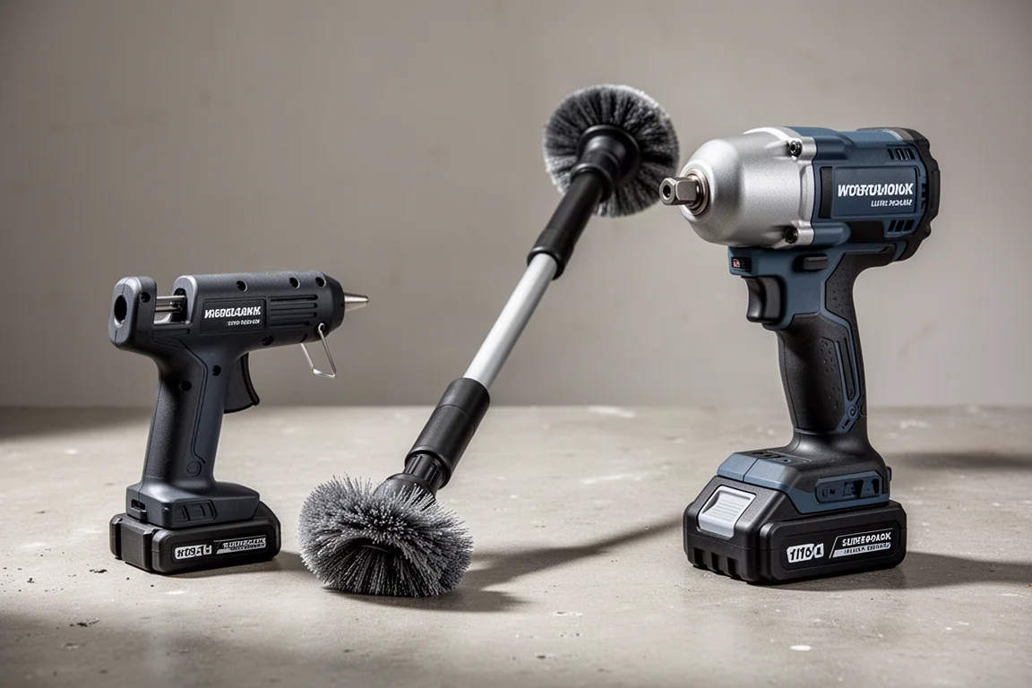 Three Alloyman cordless tools: hot glue gun, power scrubber, and impact wrench on concrete