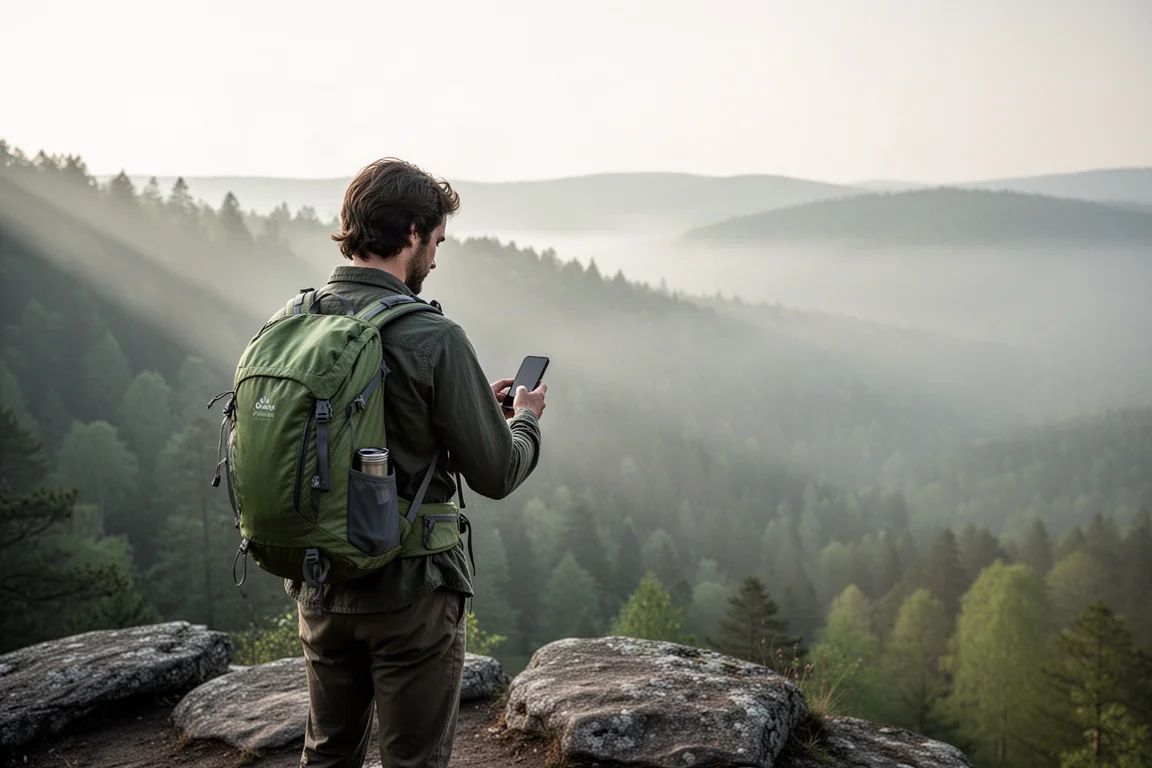 Hiker with a daypack at a rocky overlook checking a phone in morning mist