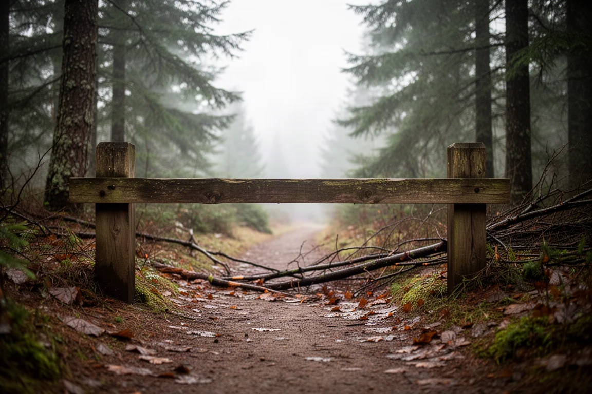 Weathered wooden barrier blocking a narrow dirt forest trail under overcast light