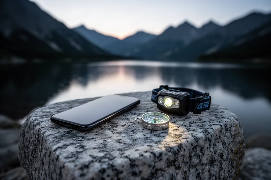 Smartphone, headlamp and compass on a granite boulder above an alpine lake at dusk
