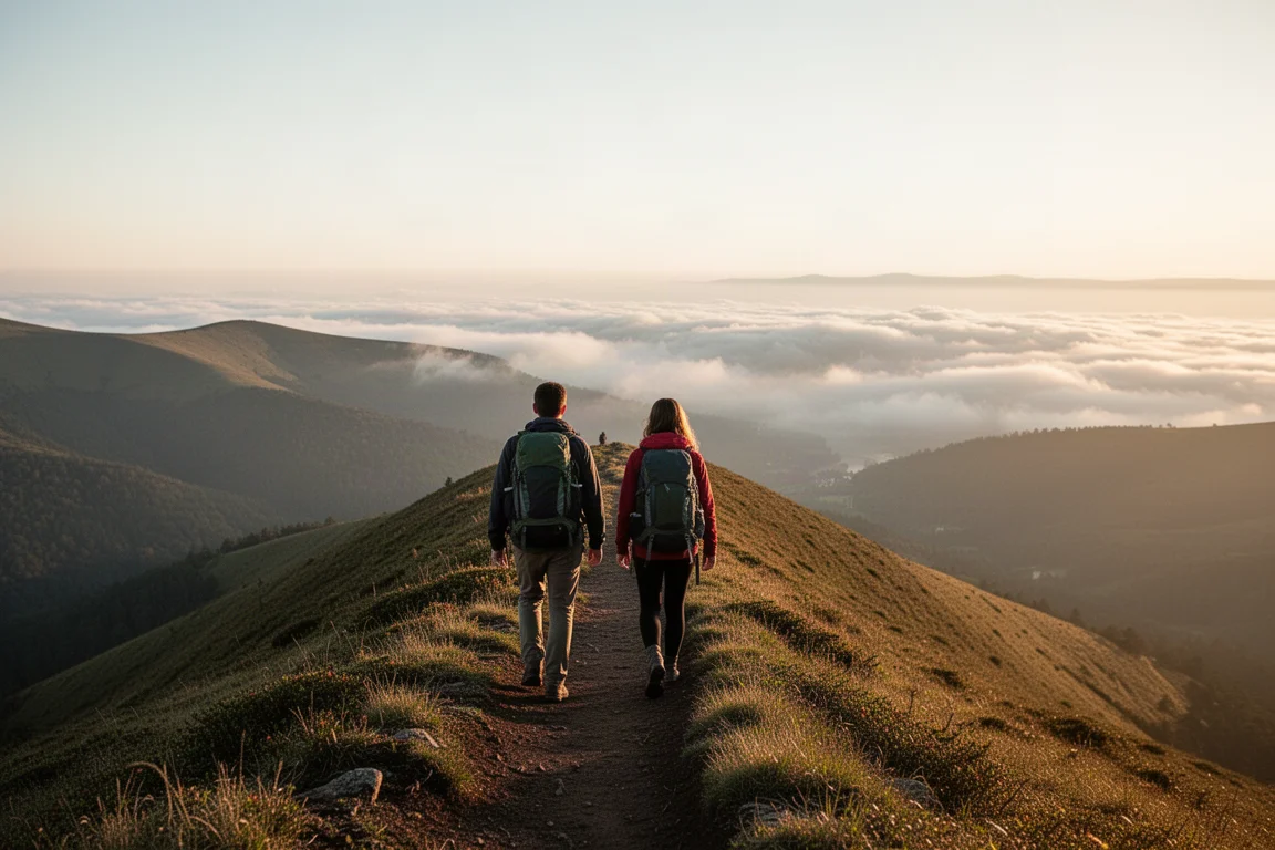Two hikers from behind walking a ridge trail at golden hour above a cloud-filled valley