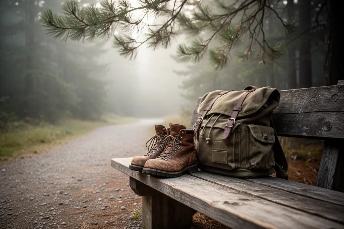 Abgetragener Wanderstiefel und Canvas-Tagesrucksack auf einer Holzbank neben einem nebligen Waldwanderweg