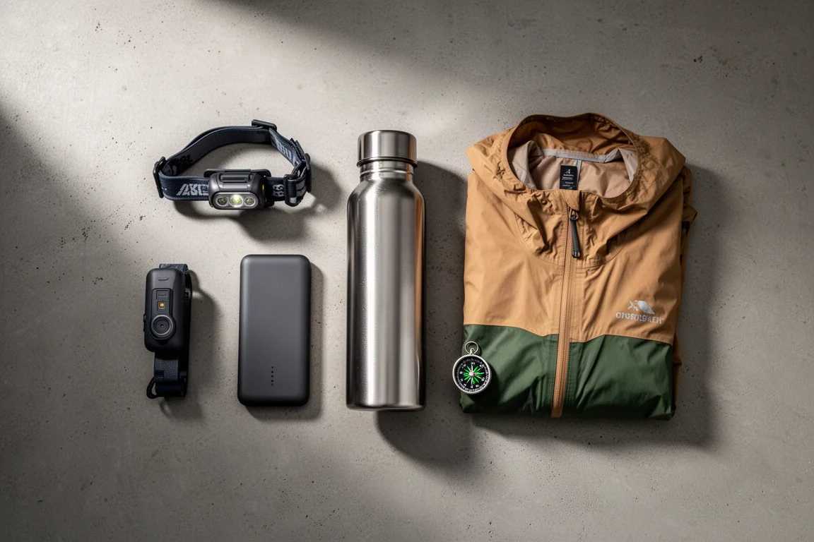Flat-Lay mit Wanderutensilien wie Stirnlampe, Powerbank und Wasserflasche auf Beton