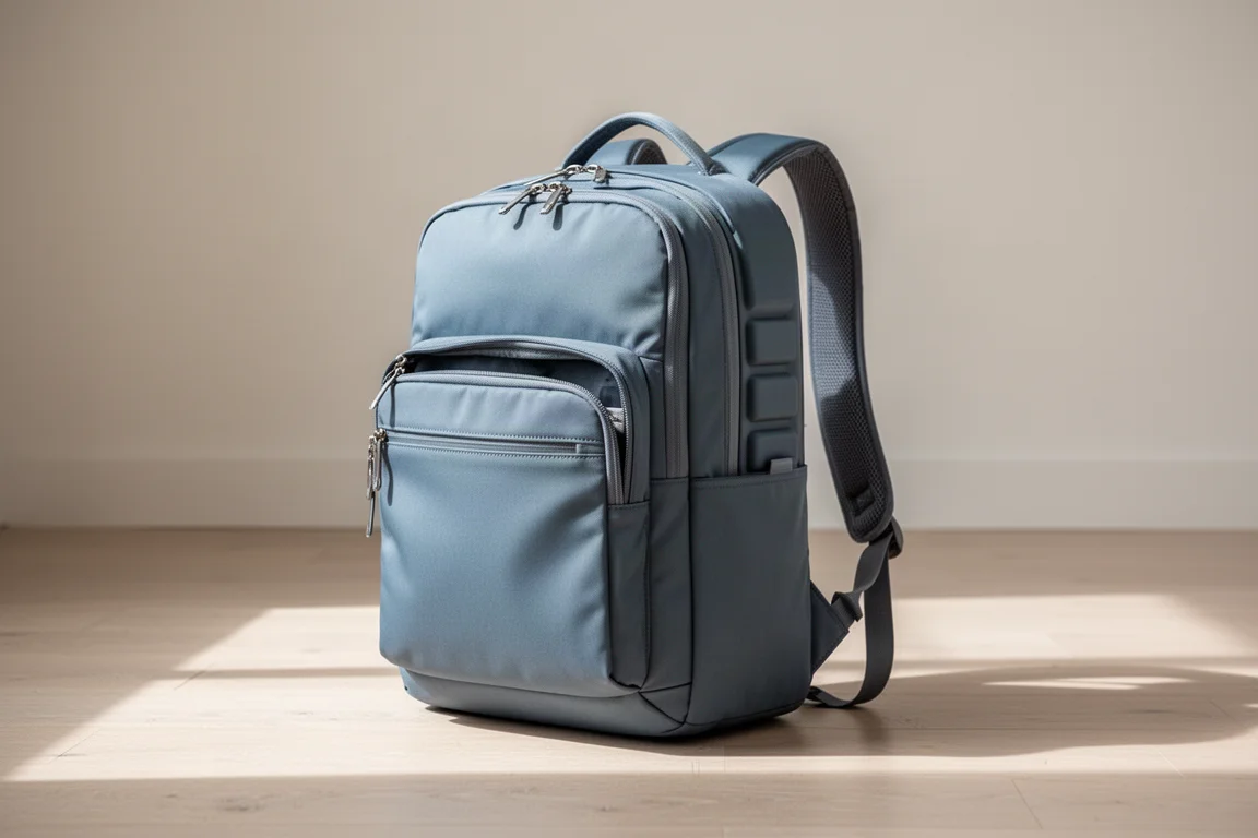 Slim travel backpack standing upright on its own with front pocket open