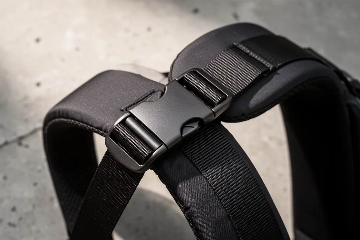 Close-up of a magnetic Fidlock-style sternum strap buckle on a backpack strap