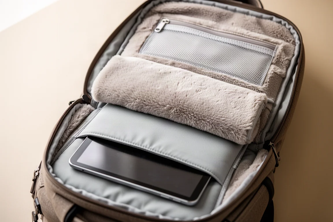 Backpack laptop compartment open showing padded sleeve and fuzzy lining