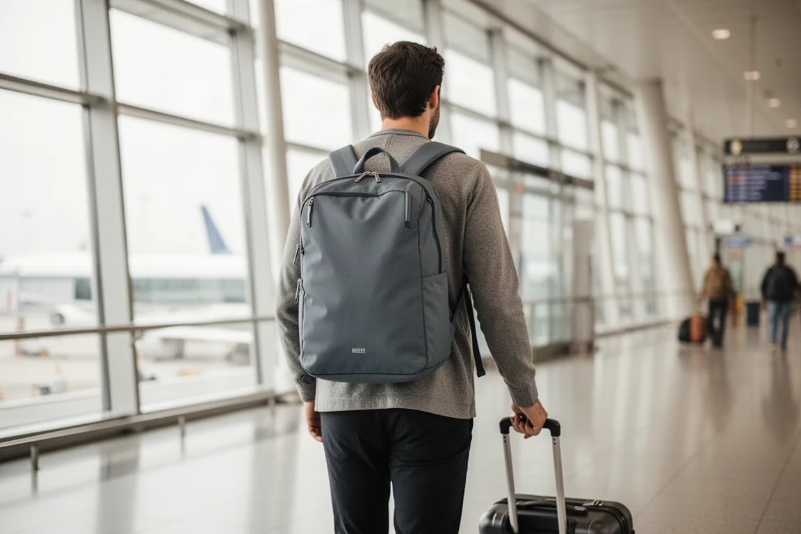 Traveler carrying a fully packed backpack through an airport terminal