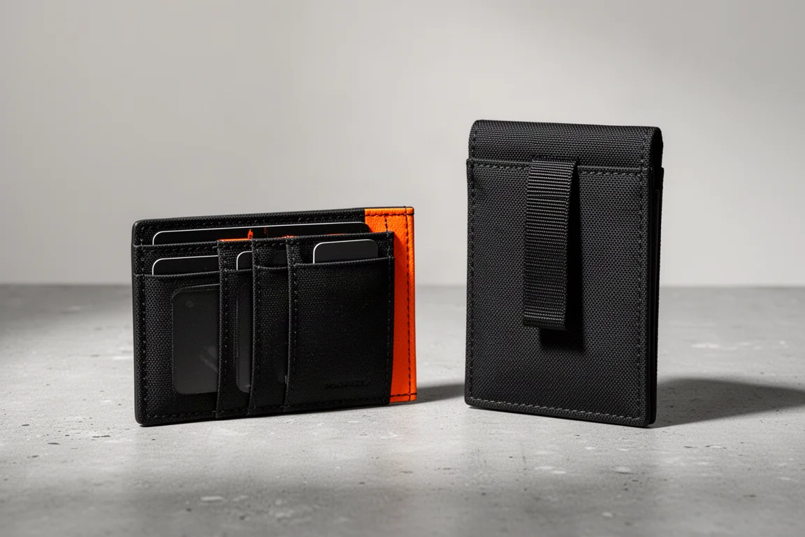 Alpaca Arc Card Wallet och Up Card Holder V2 sida vid sida på betong