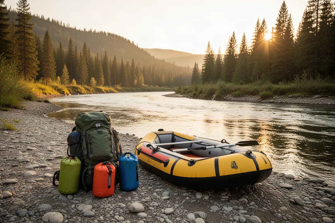 Aufblasbares Pack Raft auf einem Kiesufer zur goldenen Stunde mit Dry Bags daneben