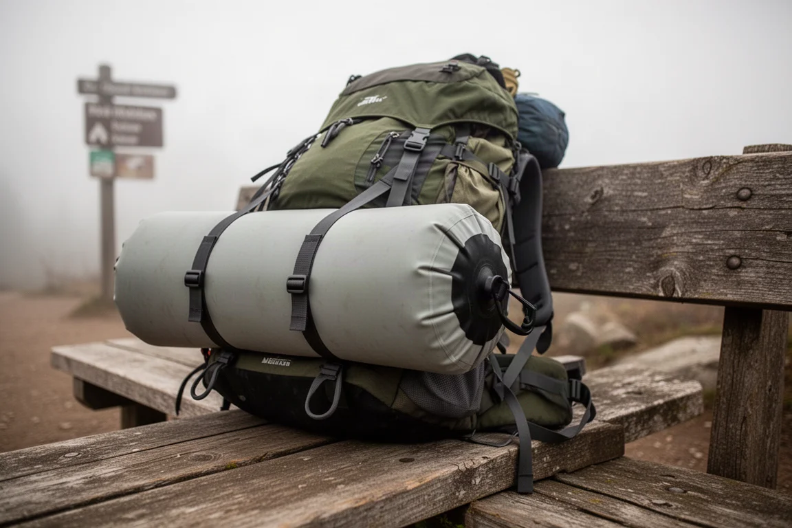 Zusammengerolltes Pack Raft, am Boden eines beladenen Wanderrucksacks auf einem Trail festgezurrt