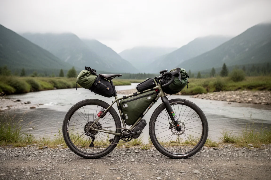 Bikepacking-Fahrrad mit Rahmentaschen auf einer Schotterstraße neben einer Flussdurchquerung