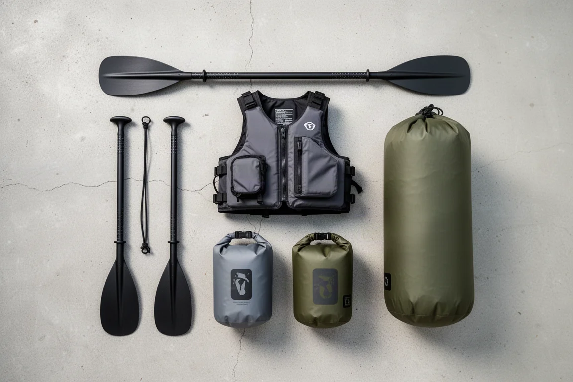 Draufsicht auf Packrafting-Ausrüstung mit Paddel, Weste und Dry Bags auf Beton