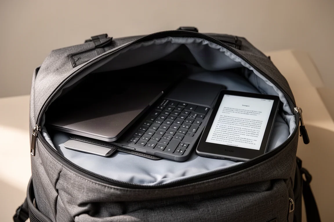 Öppen huvudavdelning i en ryggsäck med laptop, surfplatta och e-läsare