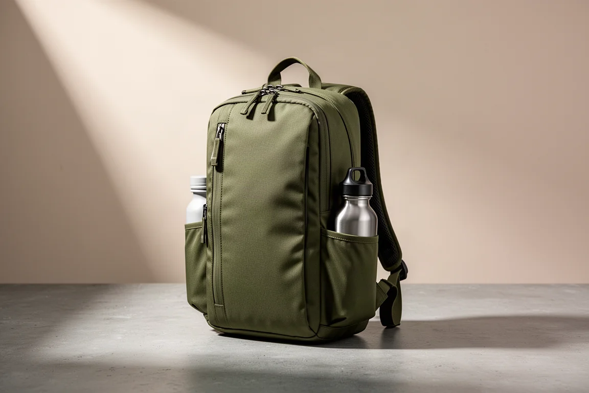 Compact olive green backpack standing upright on a concrete surface