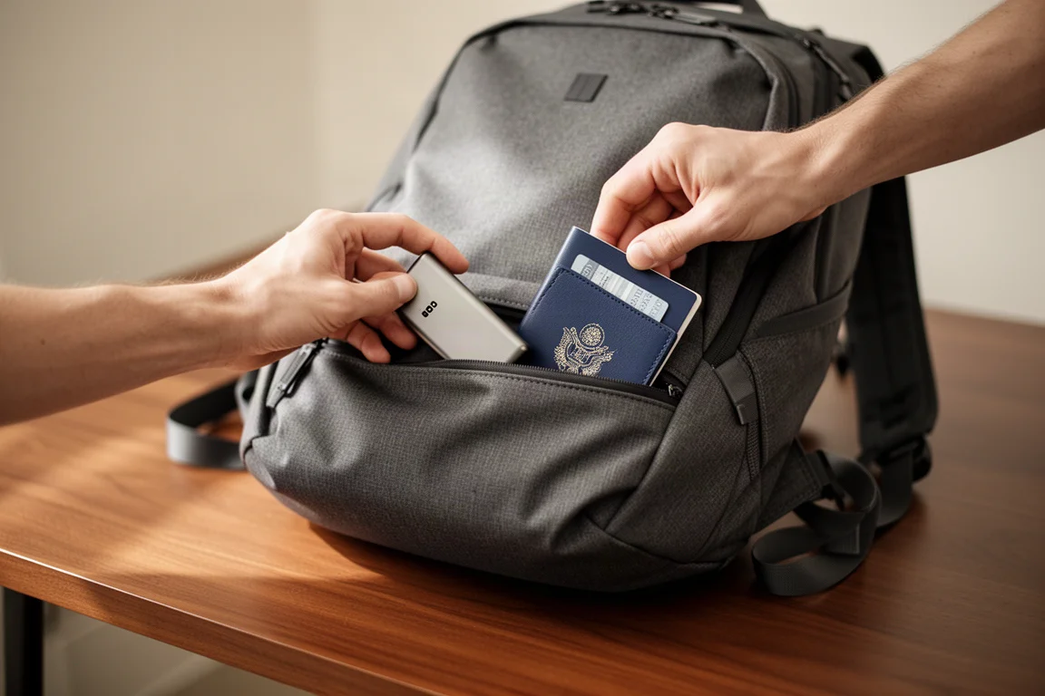 Persona che organizza oggetti da viaggio sottili in una tasca frontale sottile