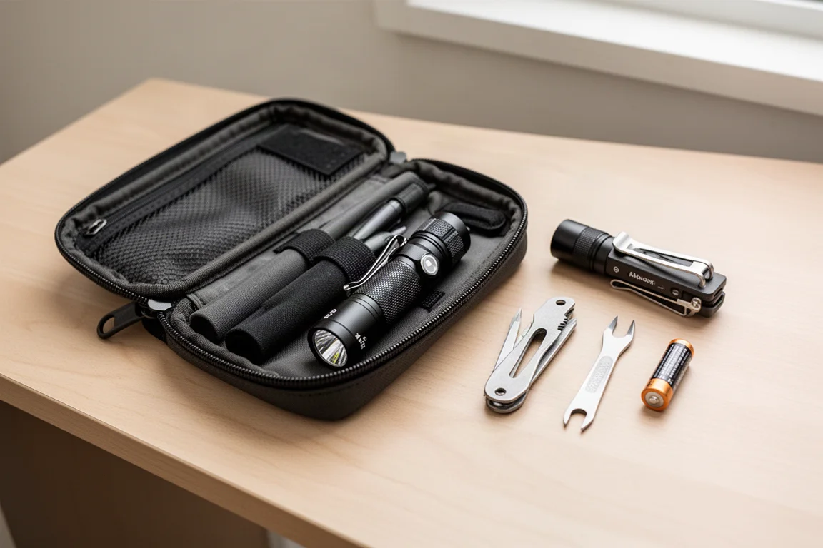 Pakowanie saszetki na biurku: latarka, multitool i mały nóż