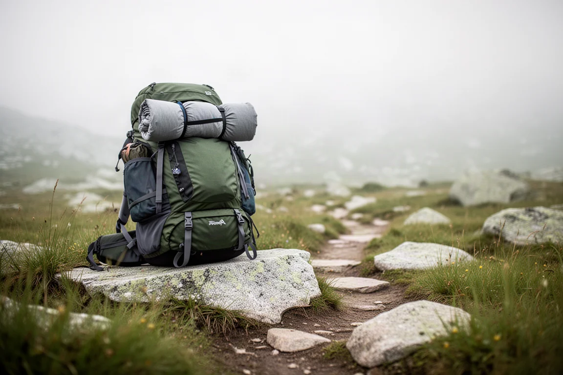 Beladener Rucksack steht auf Granit, obenauf ein kompakt gerolltes Bündel geschnallt