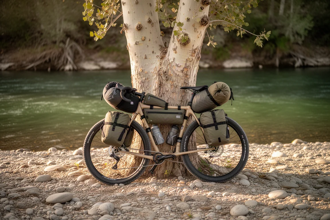 Bikepacking-Fahrrad lehnt im Abendlicht an einer Pappel an einem Kiesufer