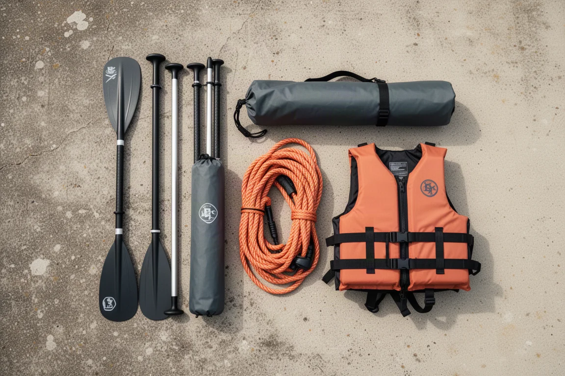 Flache Anordnung der Paddel-Grundausstattung mit Steckpaddel, Trockensack und gefalteter Schwimmweste