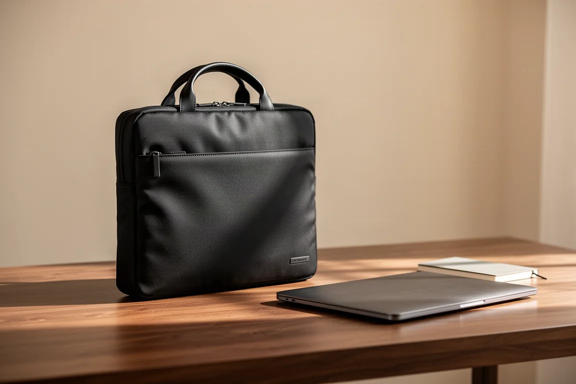 Fine sacoche tech noire posée sur un bureau à côté d'un ordinateur portable et d'un carnet