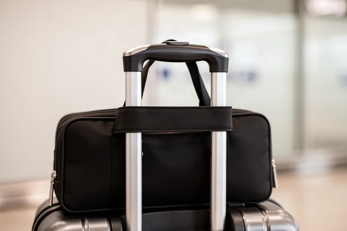 Poignée de la sacoche posée sur la poignée d'une valise à roulettes dans un aéroport