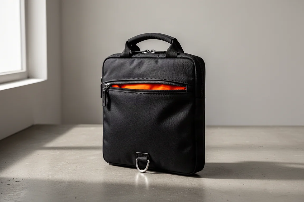 Slim black tech brief bag standing on a matte concrete surface