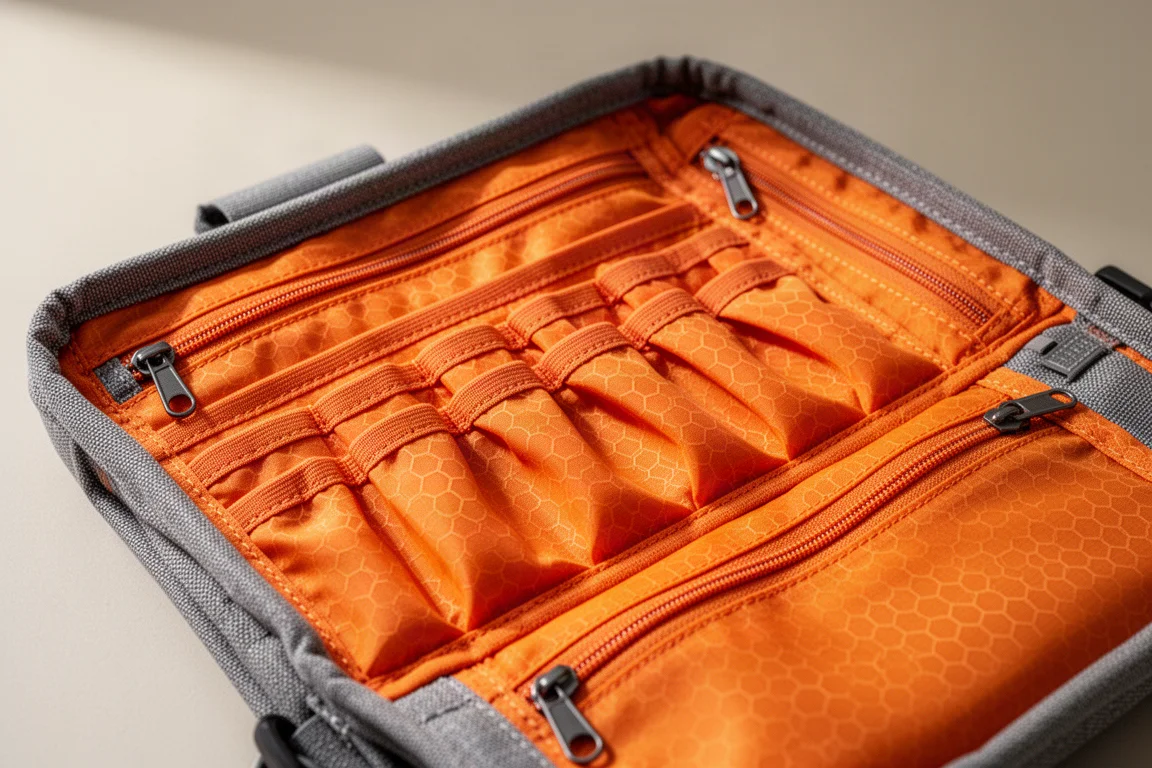 Innenansicht eines Slings mit leuchtend orange Ripstop-Futter und mehreren Fächern
