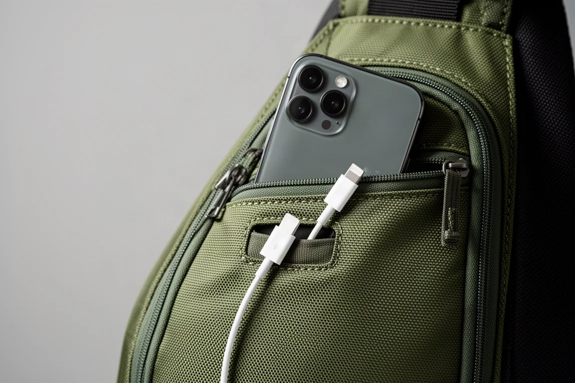 Smartphone-Ladekabel führt durch eine kleine Öffnung in einer Taschentasche