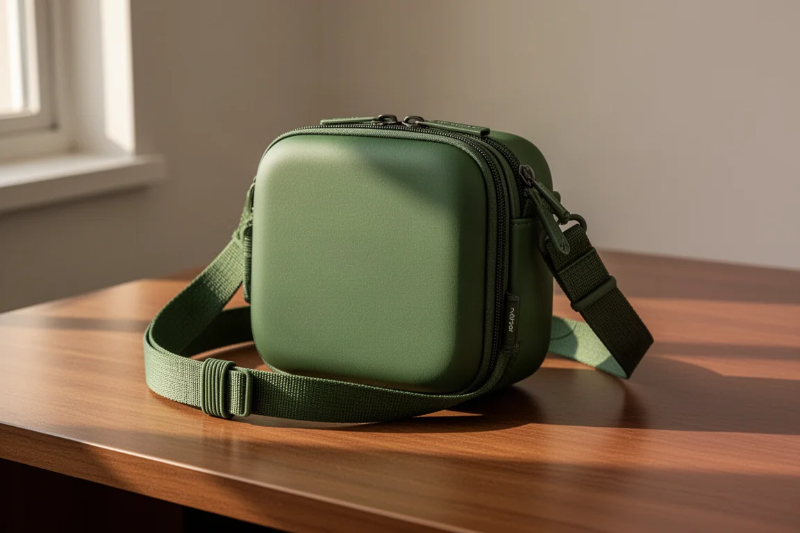 Vollgepackter Tech-Sling auf einem Holzschreibtisch, der Gurt ordentlich arrangiert