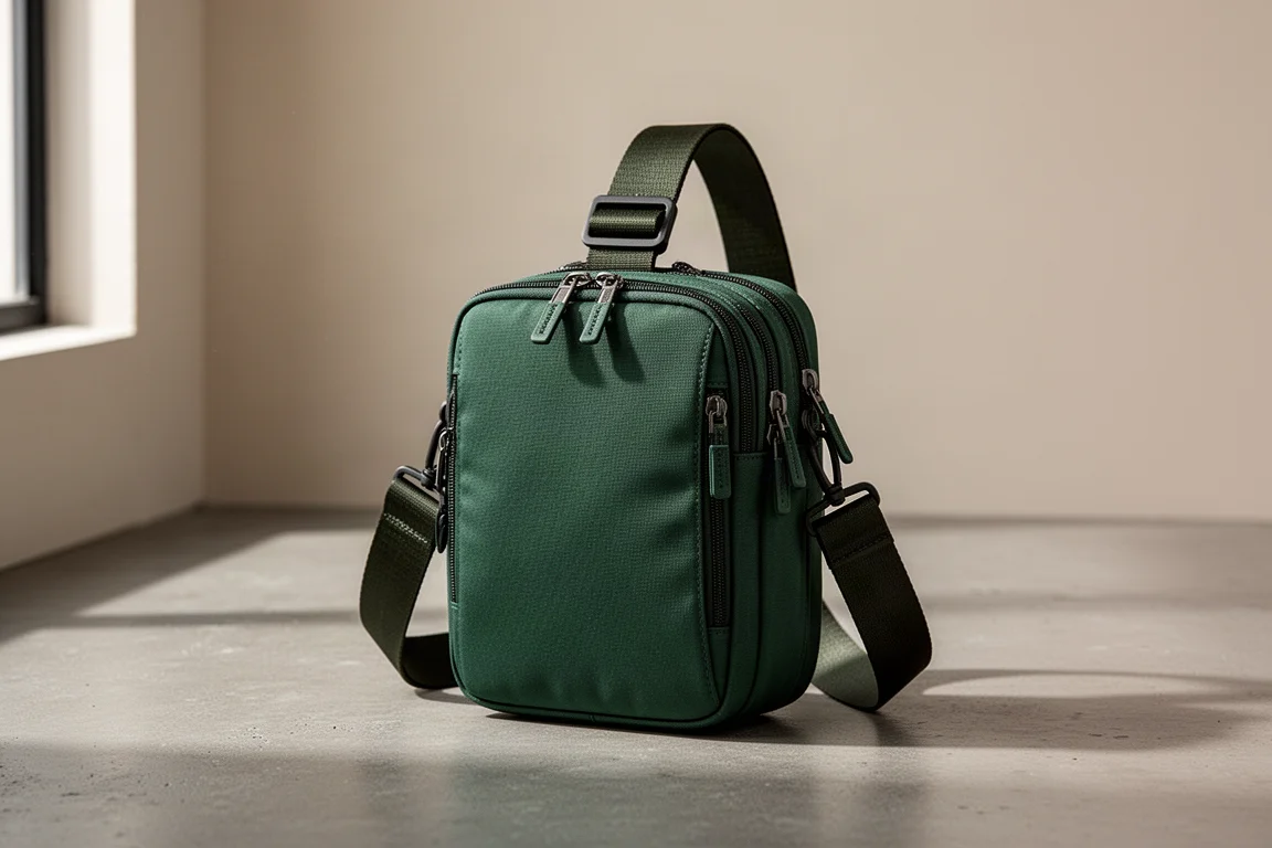 Green Alpaka Elements Tech Case sling bag standing on a concrete surface