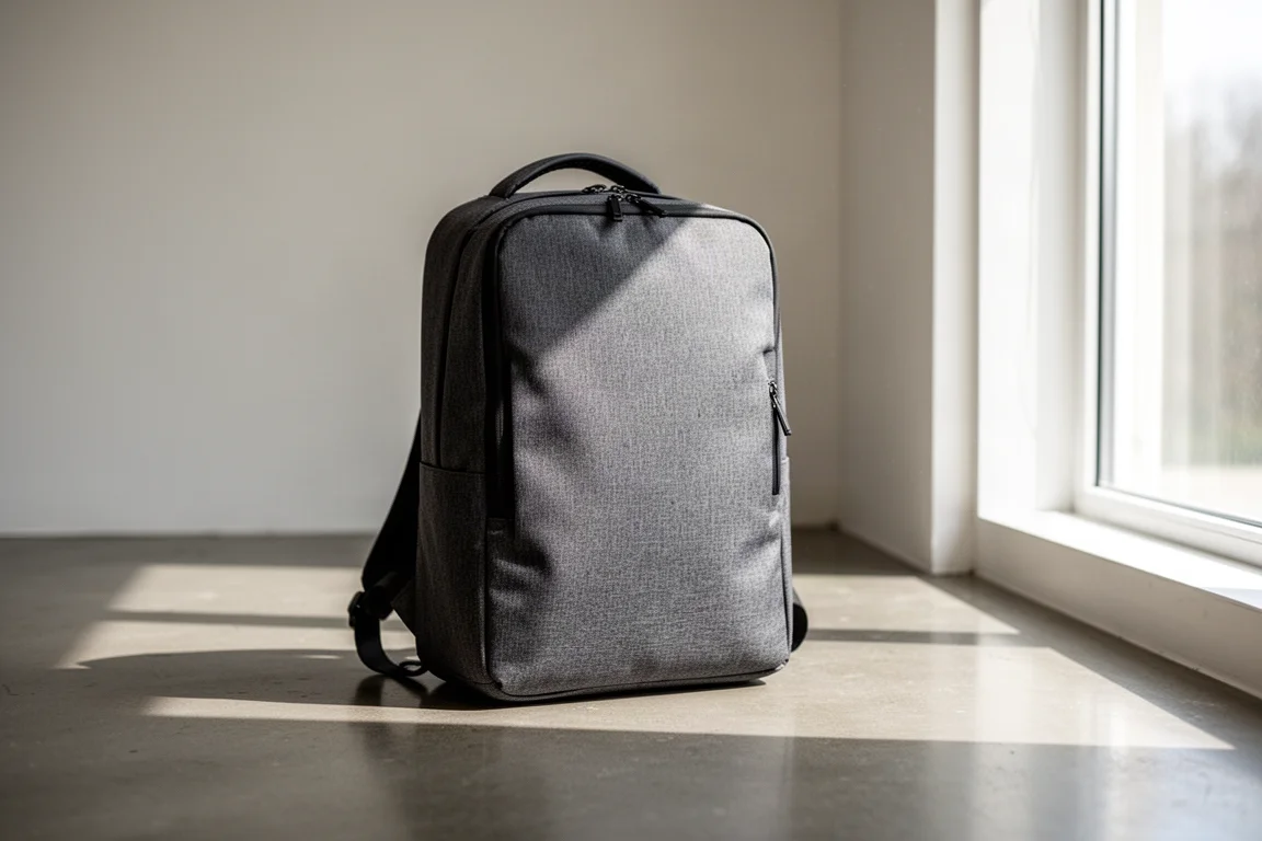 Mochila de viaje esbelta y centrada en la tecnología, de pie sobre un suelo de hormigón con luz natural suave