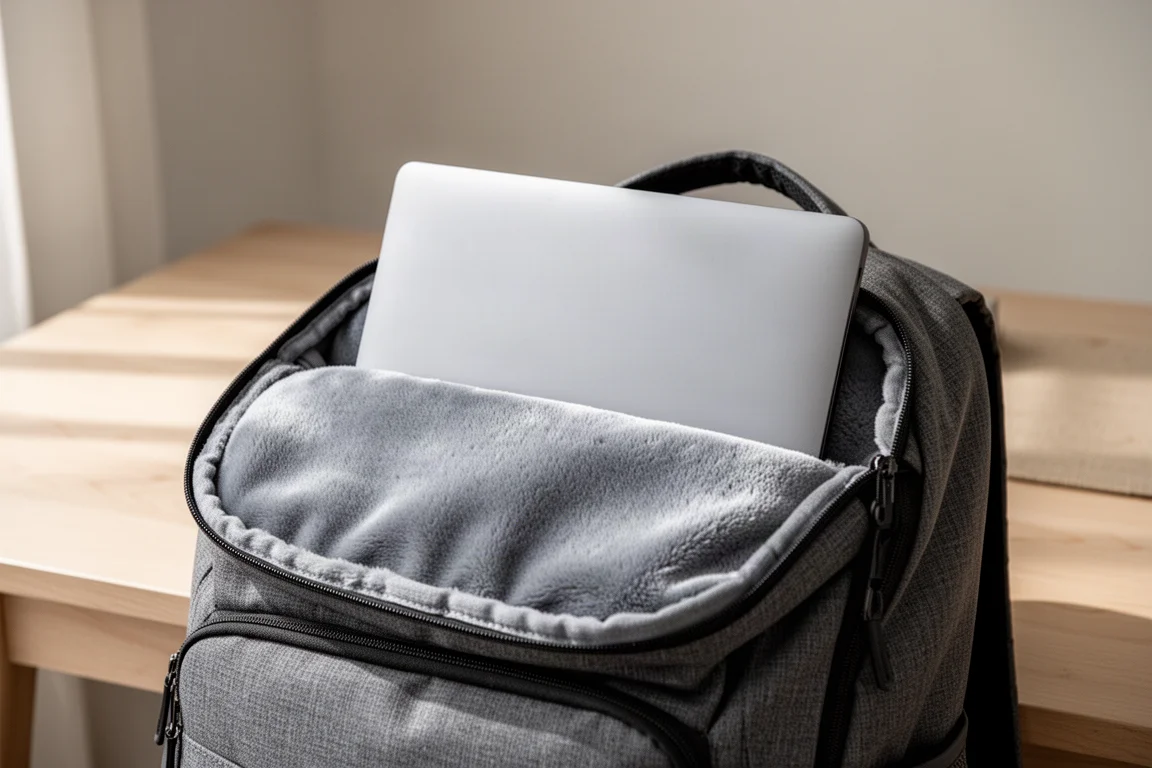 Un portátil deslizándose en el compartimento acolchado con forro suave de una mochila de viaje