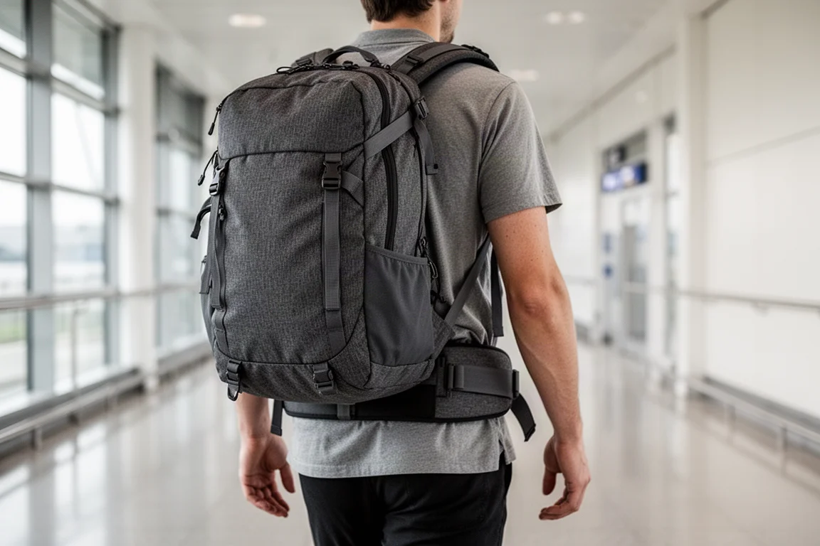 Viajero con una mochila completamente cargada y un cinturón lumbar grueso y acolchado, visto de espaldas con luz suave