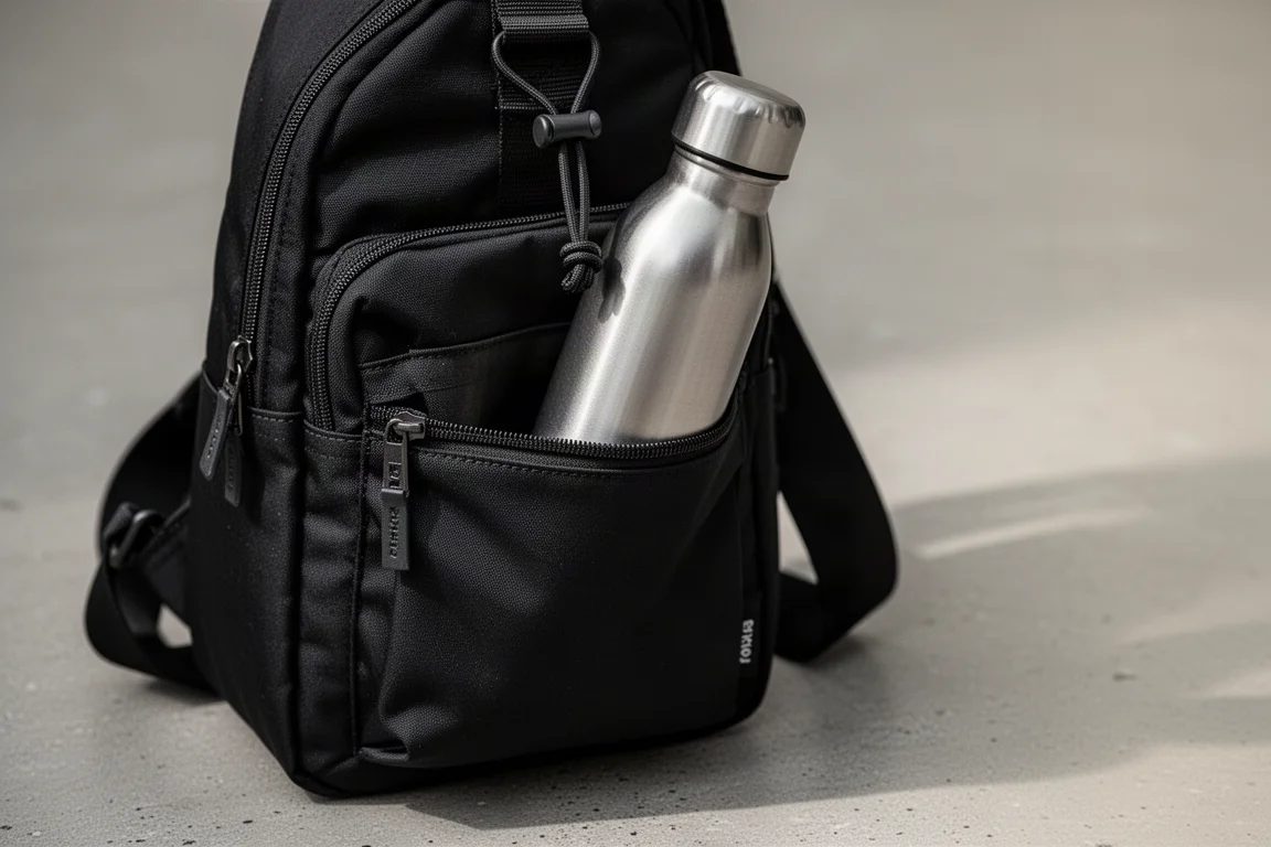 Botella de agua deslizándose en un bolsillo lateral con fuelle y cordón elástico