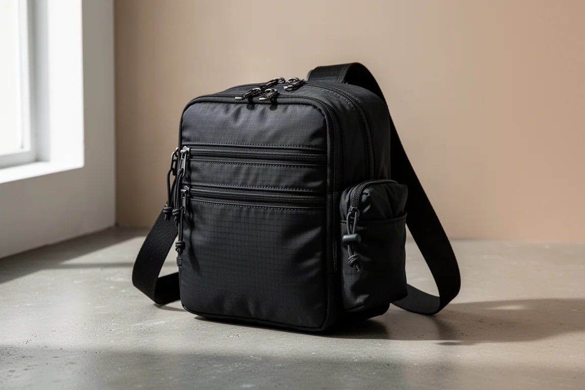 Black Alpaka Flow Satchel sling bag on a matte concrete surface