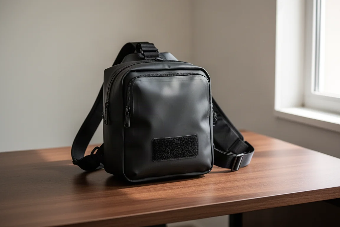 Eine schwarze wasserdichte Sling Bag mit versiegelten Reißverschlüssen, geöffnet auf einem Holzschreibtisch