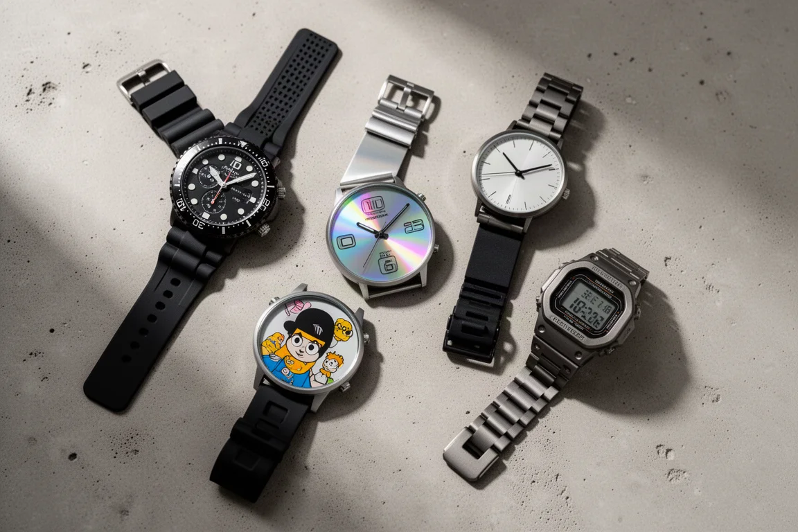 Eine Sammlung von Armbanduhren bei weichem Licht auf einer Betonfläche ausgelegt