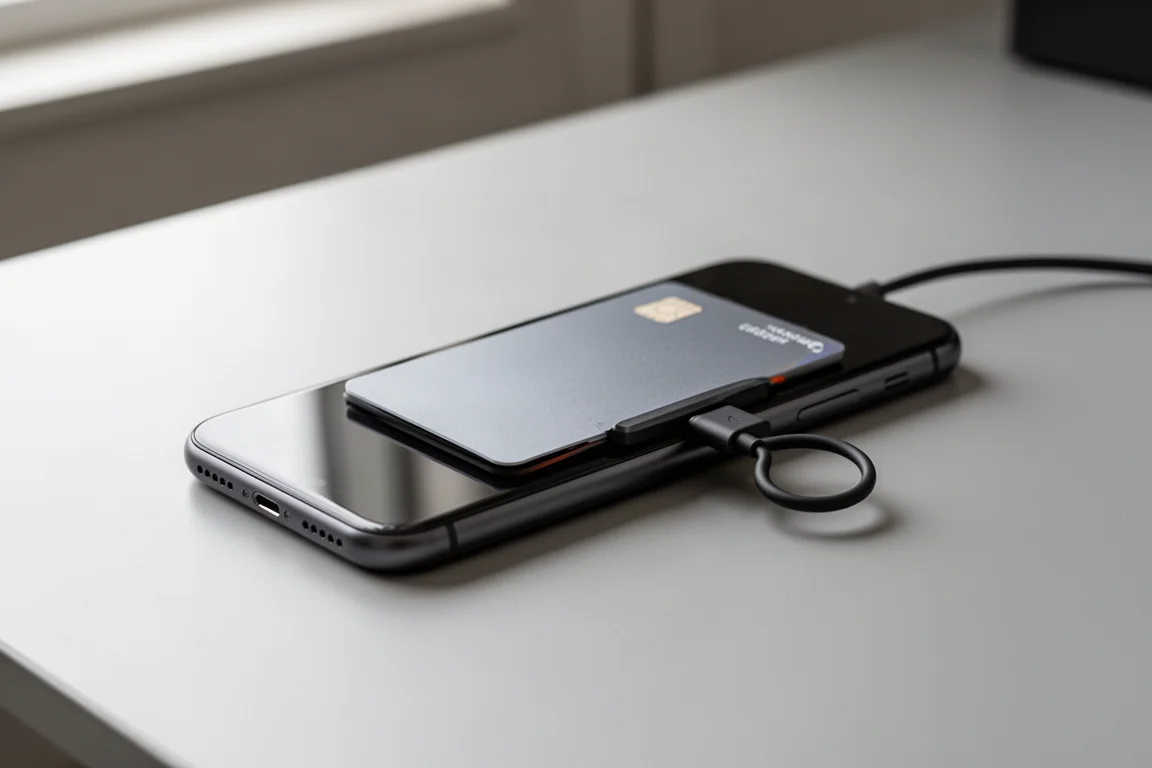 Ein Smartphone mit einem kompakten, kreditkartengroßen Accessoire auf dem Rücken auf einem Schreibtisch