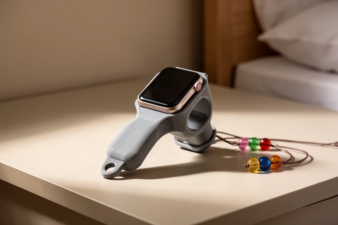 Eine Smartwatch in einem kleinen Handheld-artigen Gehäuse auf einem Nachttisch