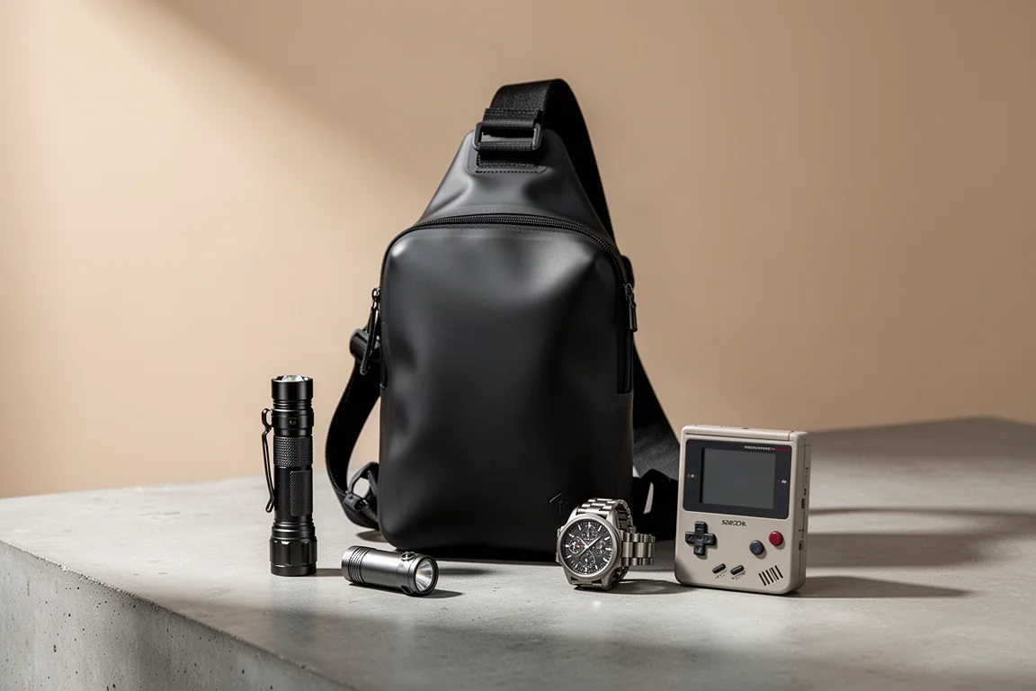 Una borsa a tracolla nera con una torcia, un orologio e una console portatile sul cemento