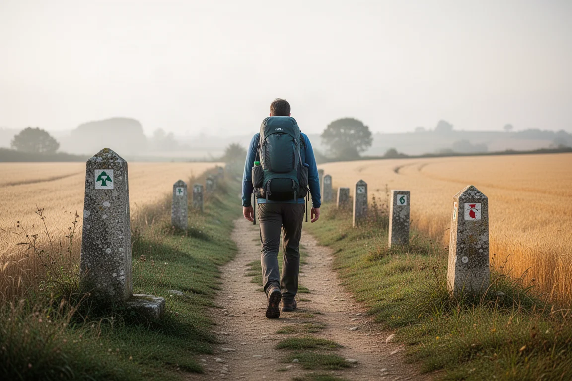 Randonneur avec un sac à dos marchant sur un sentier balisé à travers la campagne portugaise