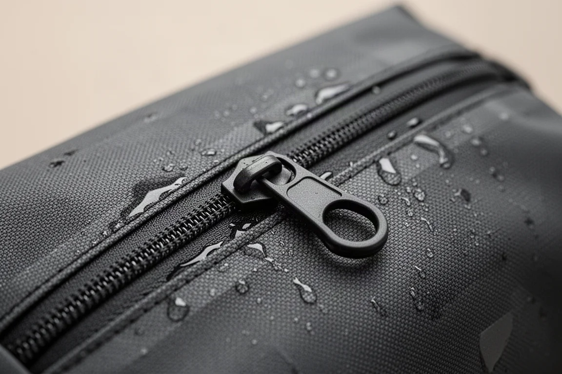 Gros plan sur une fermeture éclair étanche avec tirette caoutchoutée sur une pochette en tissu technique
