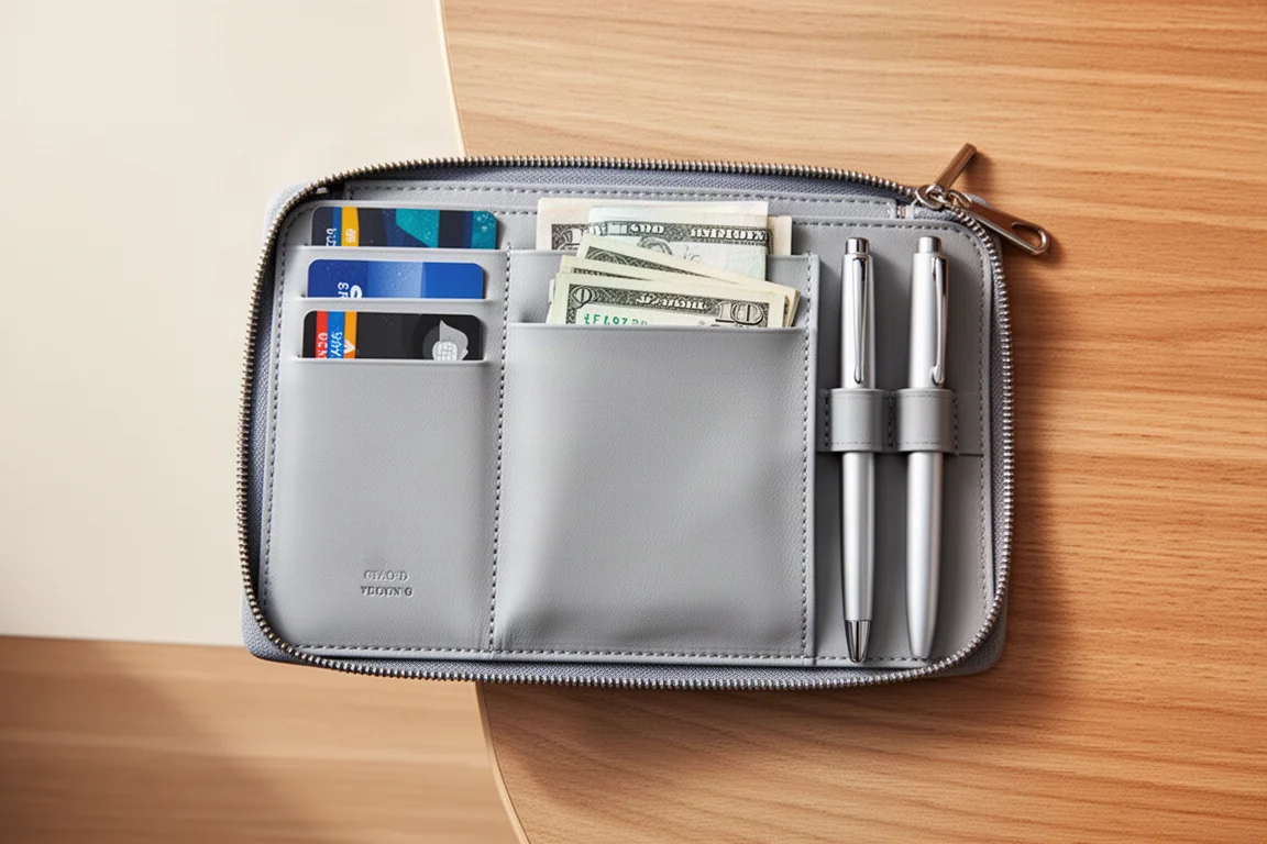Pochette de voyage fine ouverte montrant des fentes pour cartes, une poche à billets et des emplacements pour stylos